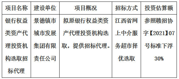 銀行權(quán)益類資產(chǎn)代理投資機(jī)構(gòu)選取招標(biāo)代理計劃公告